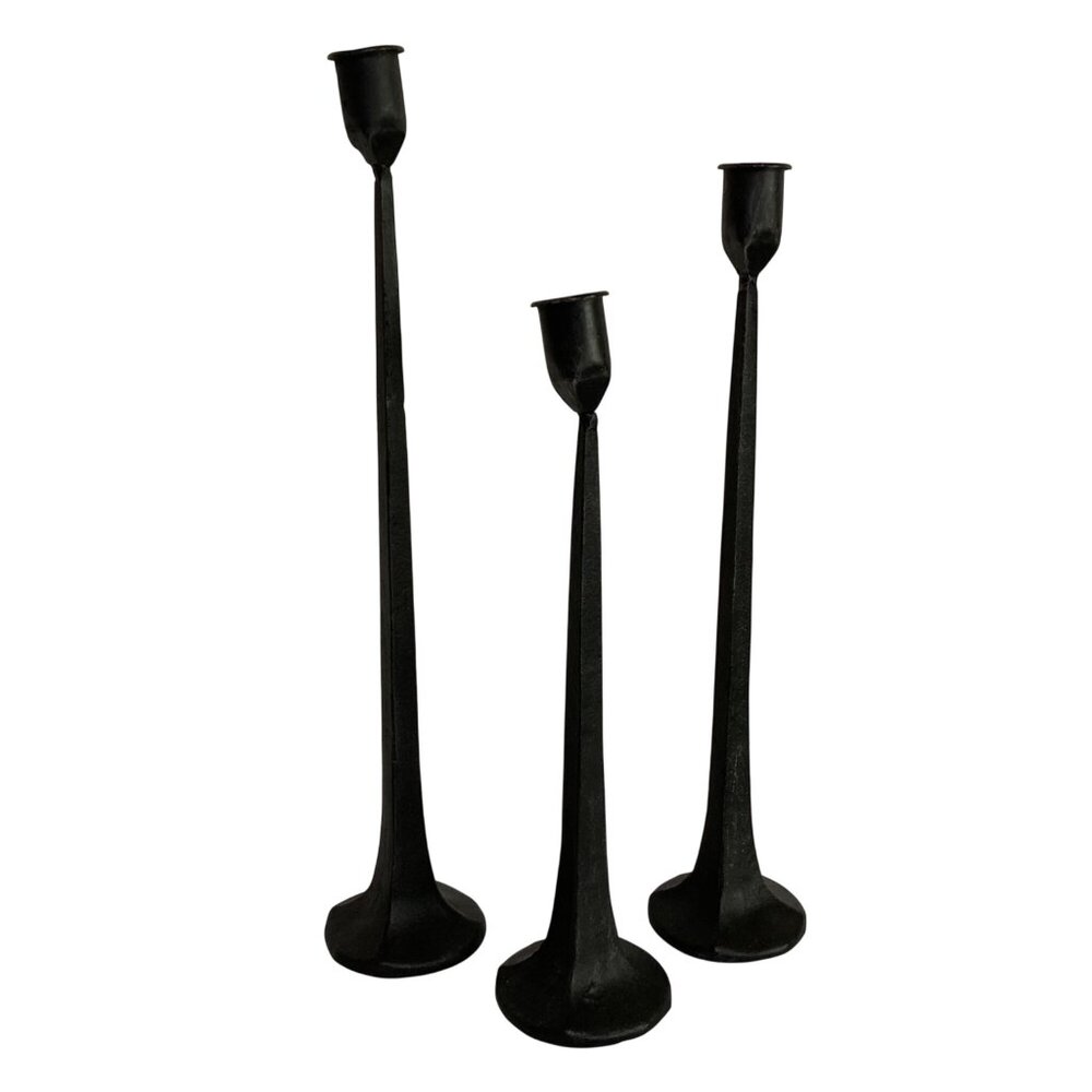 Set Of 3 Black Cast Iron Gothic Brutalist Candlestick Holders